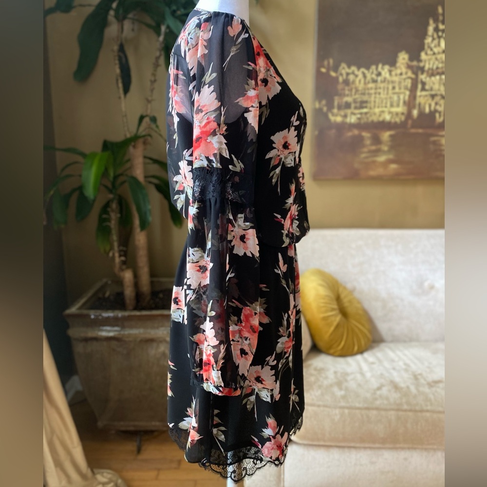 {WHBM}. Floral Black & Pink Chiffon Dress. - Picture 2 of 15